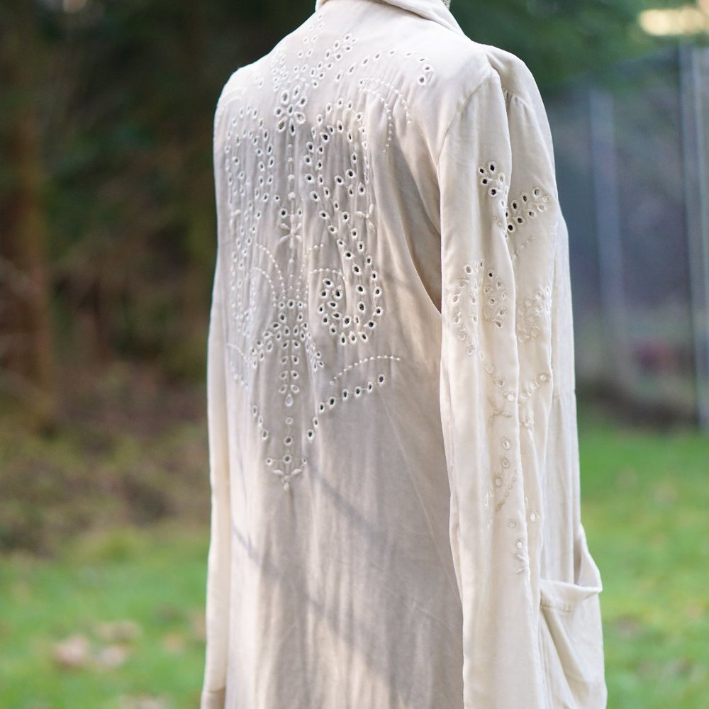 Johnny Was Embroidered Cream Velvet Duster